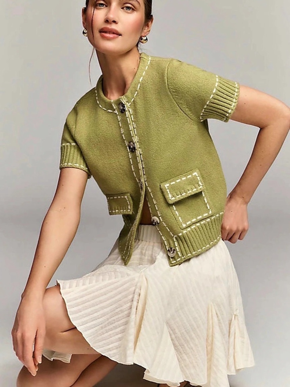 Anthropologie Design History Short-Sleeve Stitched Cardigan Sweater - Large